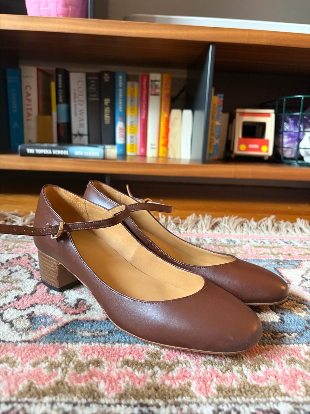 A.P.C. Victoria Heel Brown Mary Jane Block Heel Pumps